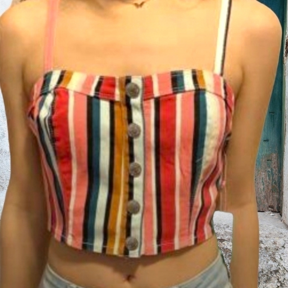 F21 ADORABLE Striped Denim Crop Top